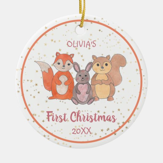 ベビーの初めてのクリスマスカスタム写真かわいい動物 セラミックオーナメント (正面)