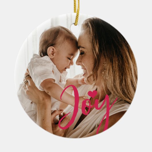 ベビーの初めてのクリスマスカスタム写真ピンクの喜びハート セラミックオーナメント (正面)
