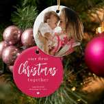 ベビーの初めてのクリスマスカスタム写真ピンクの喜びハート セラミックオーナメント<br><div class="desc">写真をアップお気に入りのロードし（好ましくは正方形）、あなたのテキスト、名前、日付を挿入し、これらのトレンディーピンクのクリスマスツリーのオーナメントを記念の贈り物にするあなたの初めてのクリスマスのあなたの小さな一つを一緒に思い出させる！</div>