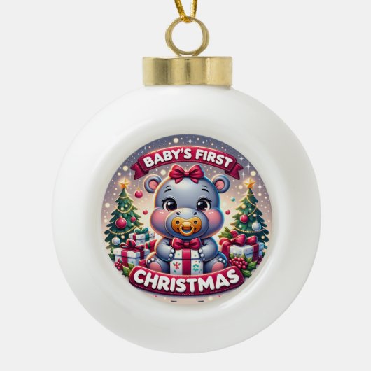 ベビーの初めてのクリスマスカートラブルベアホリデイ セラミックボールオーナメント (正面)