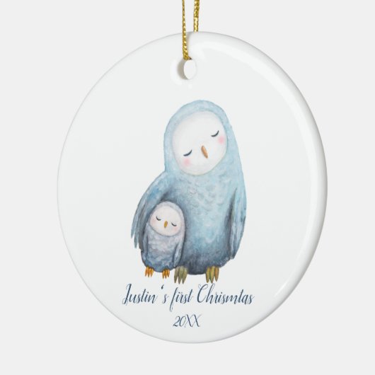 ベビーの初めてのクリスマスギフトスノーウィークフクロウ母ベビー セラミックオーナメント (左)