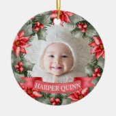 ベビーの初めてのクリスマスクラシックフローラフレーム写真 セラミックオーナメント (正面)