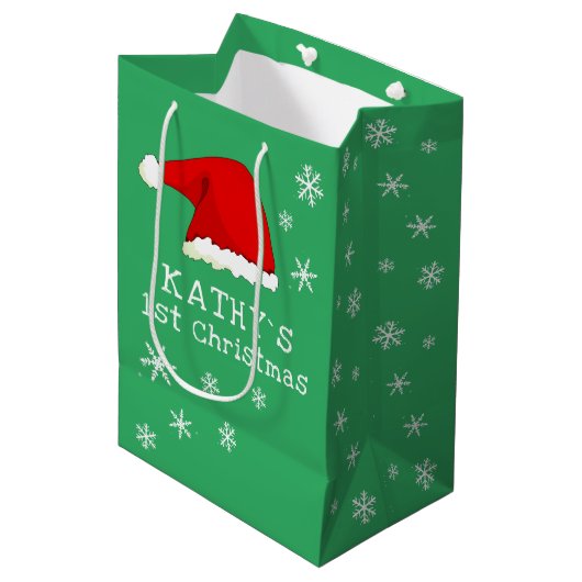 ベビーの初めてのクリスマスグリーンサンタハットスノーフレーク ミディアムペーパーバッグ (正面アングル)