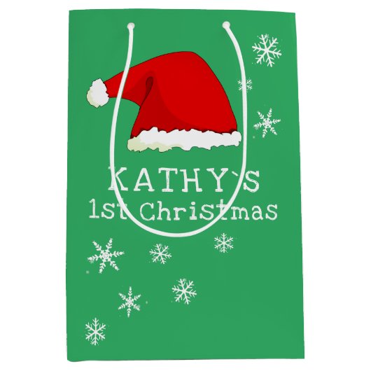 ベビーの初めてのクリスマスグリーンサンタハットスノーフレーク ミディアムペーパーバッグ (正面)