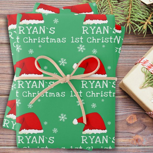 ベビーの初めてのクリスマスグリーンサンタハットスノーフレーク ラッピングペーパーシート