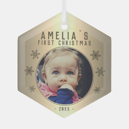 ベビーの初めてのクリスマスゴールデンスノーフレーク写真 ガラスオーナメント (正面)