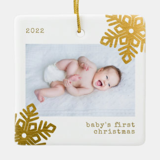 ベビーの初めてのクリスマスゴールドフォイル雪のフレーク写真 セラミックオーナメント