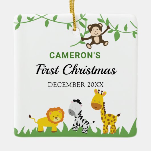ベビーの初めてのクリスマスサファリジャングル動物かわいい セラミックオーナメント (正面)