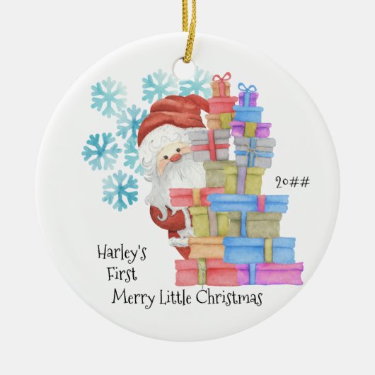 ベビーの初めてのクリスマスサンタとギフトフォト セラミックオーナメント (正面)