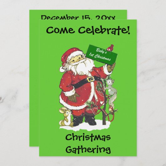 ベビーの初めてのクリスマスサンタツリーアニマルズグリーン 招待状 (正面/裏面)