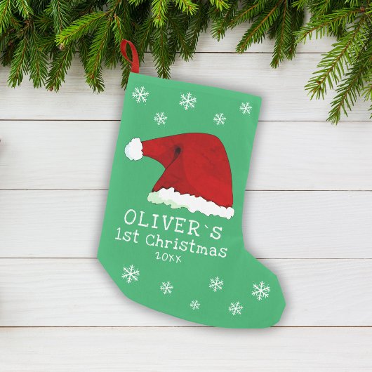 ベビーの初めてのクリスマスサンタハットスノーフレークグリーン スモールクリスマスストッキング