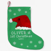 ベビーの初めてのクリスマスサンタハットスノーフレークグリーン スモールクリスマスストッキング (正面)