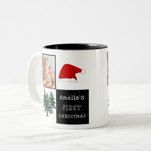 ベビーの初めてのクリスマスサンタ・ハット雪の木の写真 ツートーンマグカップ (正面左)