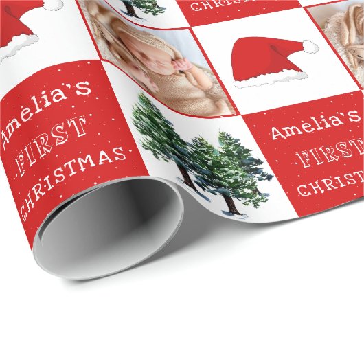 ベビーの初めてのクリスマスサンタ・ハット雪の木の写真 ラッピングペーパー (ロールコーナー)
