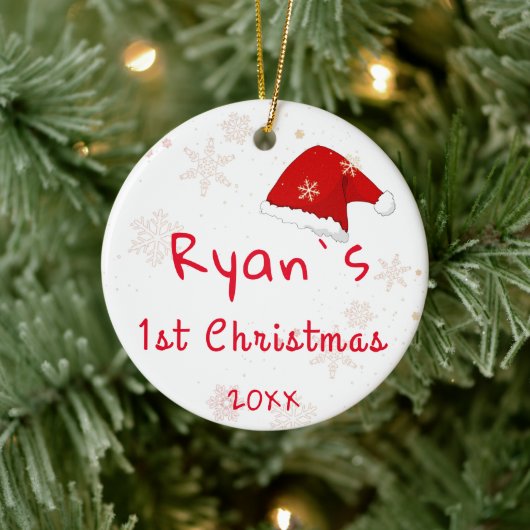 ベビーの初めてのクリスマスサンタ・ハット雪片フォト セラミックオーナメント (ツリー)