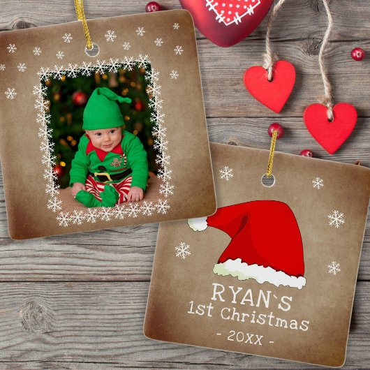ベビーの初めてのクリスマスサンタ・ハット・スノーフレーク写真 セラミックオーナメント