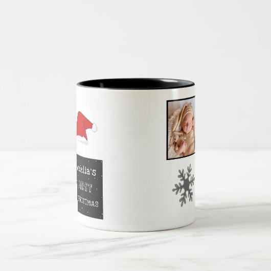 ベビーの初めてのクリスマスサンタ・ハット・スノーフレーク写真 ツートーンマグカップ (中央)