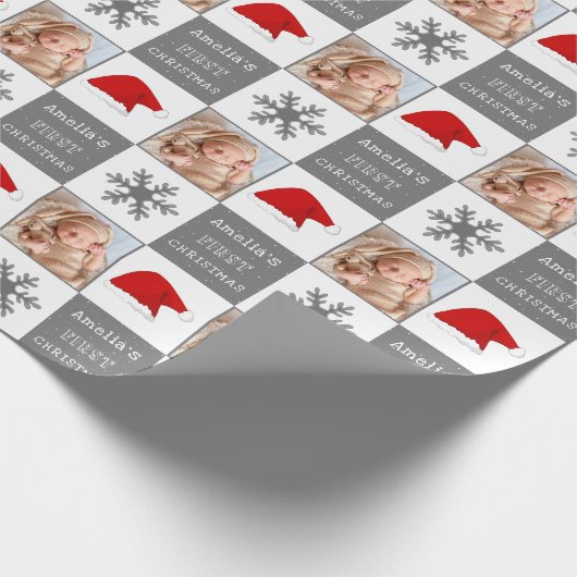 ベビーの初めてのクリスマスサンタ・ハット・スノーフレーク写真 ラッピングペーパー (角)