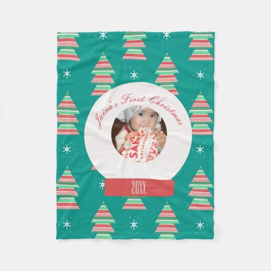 ベビーの初めてのクリスマススノーグローブスノーフレークスツリー フリースブランケット (正面)