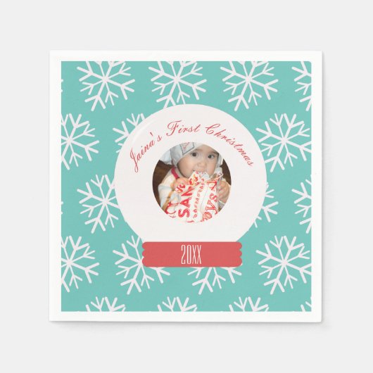 ベビーの初めてのクリスマススノーグローブスノーフレークティール(緑がかった色) スタンダードカクテルナプキン (正面)