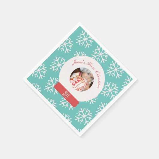 ベビーの初めてのクリスマススノーグローブスノーフレークティール（緑がかった色） スタンダードカクテルナプキン (角)