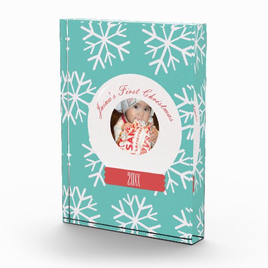 ベビーの初めてのクリスマススノーグローブスノーフレークティール(緑がかった色) フォトブロック (右)