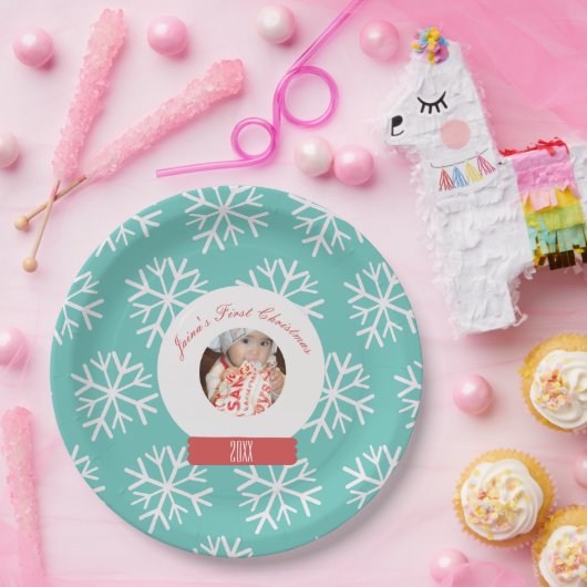 ベビーの初めてのクリスマススノーグローブスノーフレークティール（緑がかった色） ペーパープレート (パーティー)