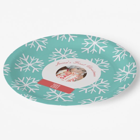 ベビーの初めてのクリスマススノーグローブスノーフレークティール(緑がかった色) ペーパープレート (アングル)
