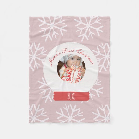 ベビーの初めてのクリスマススノーグローブピンクの雪片 フリースブランケット (正面)