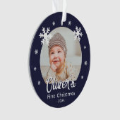 ベビーの初めてのクリスマススノーフレークスブルーフォト オーナメント (正面)
