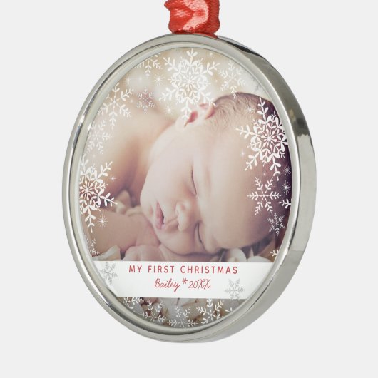 ベビーの初めてのクリスマススノーフレークスレッドシルバーメタル メタルオーナメント (左)
