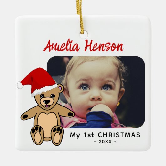 ベビーの初めてのクリスマステディベアSanta Hat写真 セラミックオーナメント (正面)