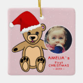 ベビーの初めてのクリスマステディベアSanta Hat写真 セラミックオーナメント (正面)
