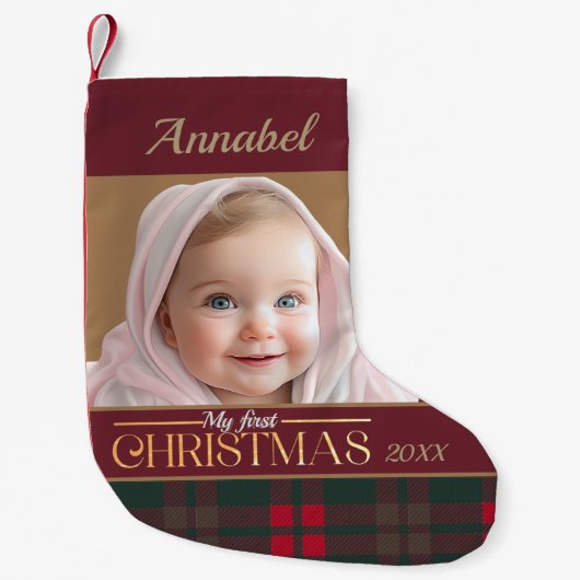 ベビーの初めてのクリスマスバッファロープレイドパターン写真 スモールクリスマスストッキング (正面)