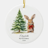 ベビーの初めてのクリスマスバニーパーソナライズされた写真 セラミックオーナメント (正面)