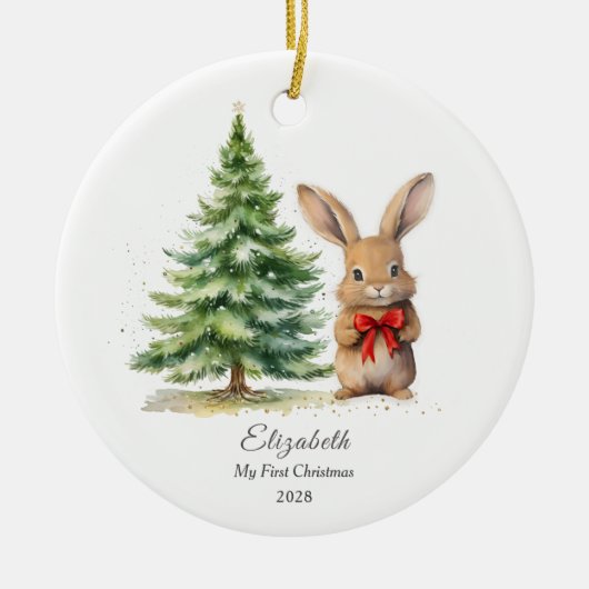 ベビーの初めてのクリスマスバニーパーソナライズされた写真 セラミックオーナメント (正面)