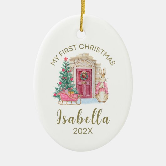 ベビーの初めてのクリスマスパーソナライズされた水彩 セラミックオーナメント (正面)