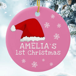 ベビーの初めてのクリスマスピンクサンタハットスノーフレーク セラミックオーナメント