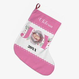 ベビーの初めてのクリスマスピンクJoyとベリーの写真 ラージクリスマスストッキング