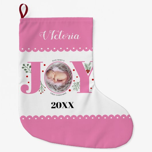 ベビーの初めてのクリスマスピンクJoyとベリーの写真 ラージクリスマスストッキング (正面)