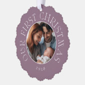 ベビーの初めてのクリスマスフェスティバルパープルファミリーフォト オーナメントカード (左)