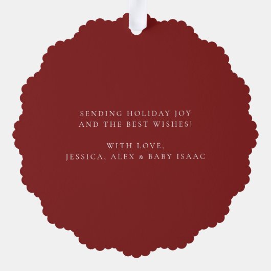 ベビーの初めてのクリスマスフェスティバルレッドファミリー写真 オーナメントカード (裏面)