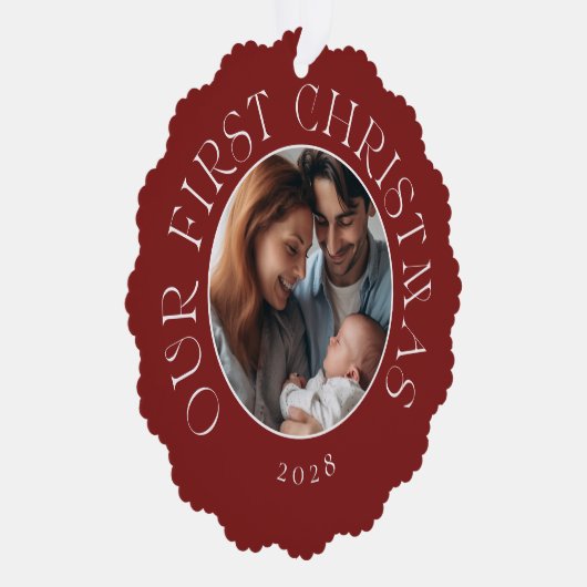ベビーの初めてのクリスマスフェスティバルレッドファミリー写真 オーナメントカード (右)