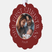 ベビーの初めてのクリスマスフェスティバルレッドファミリー写真 オーナメントカード (左)