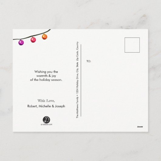 ベビーの初めてのクリスマスフォトウォーターカラーオーナメント シーズンポストカード (裏面)