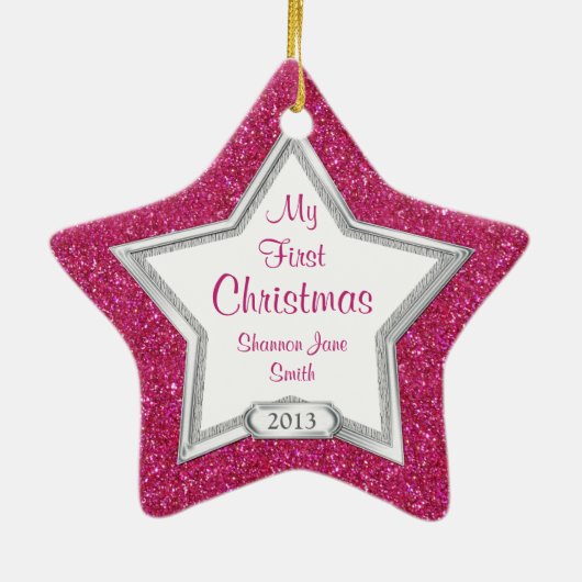 ベビーの初めてのクリスマスフォトクリスマスシルバーピンクスター セラミックオーナメント (裏面)