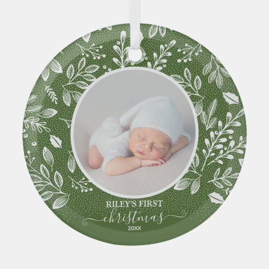 ベビーの初めてのクリスマスフォトグリーン ガラスオーナメント (正面)