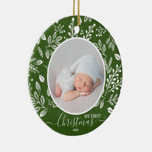 ベビーの初めてのクリスマスフォトグリーン セラミックオーナメント (右)