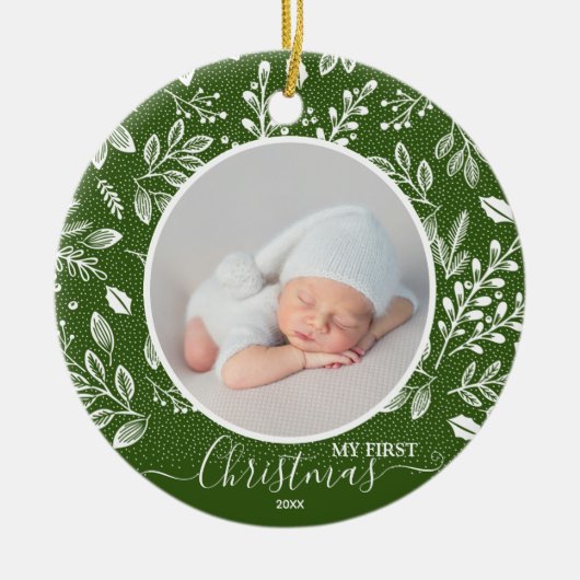ベビーの初めてのクリスマスフォトグリーン セラミックオーナメント (正面)