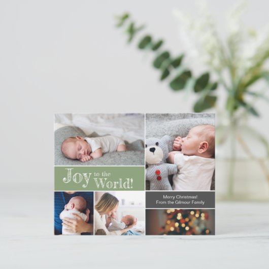 ベビーの初めてのクリスマスフォトコラージンググリーン ポストカード (スタンド正面)